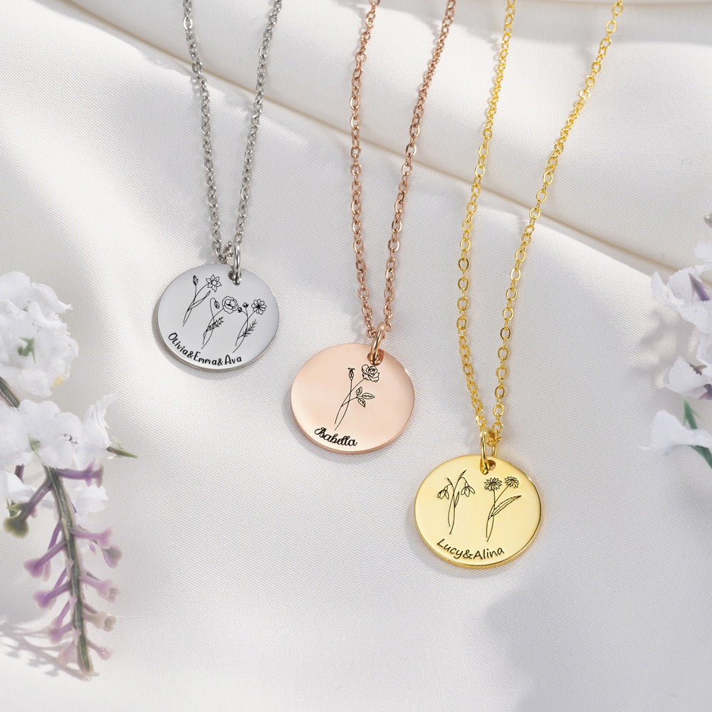 Personalized Birth Flower Necklace with Engraved 1-3 Name, Minimalist Jewelry, Christmas/Birthday/Mother's Day Gift for Sisters/Best Friends/Mom/Her