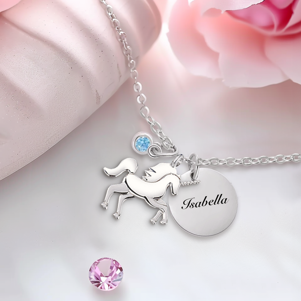 Personalized Lucky Unicorn Necklace with Birthstone, Custom Kid Name Engraved Necklace, Birthday/Children's Day Gift for Girl/Daughter/New Mom