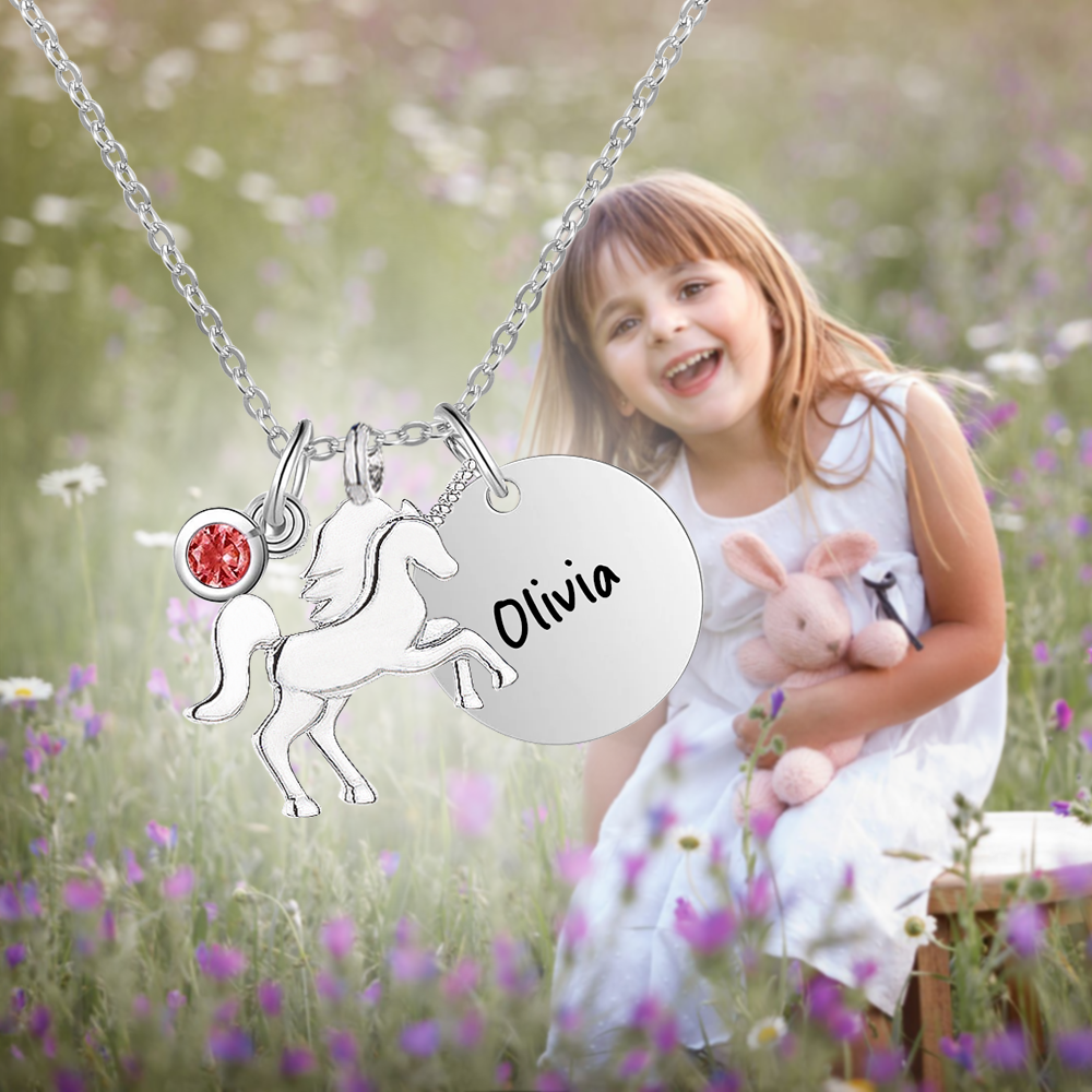 Personalized Lucky Unicorn Necklace with Birthstone, Custom Kid Name Engraved Necklace, Birthday/Children's Day Gift for Girl/Daughter/New Mom