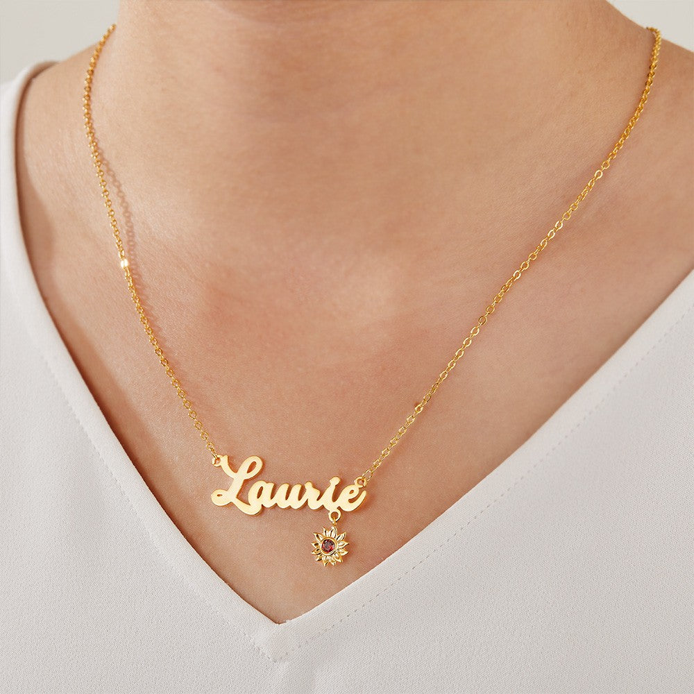Custom Name Necklace with Birthstone Sunflower, You Are My Sunshine Nameplate Necklace, Birthday/Valentine's Day/Mother's Day Gift for Her/Mom/Family