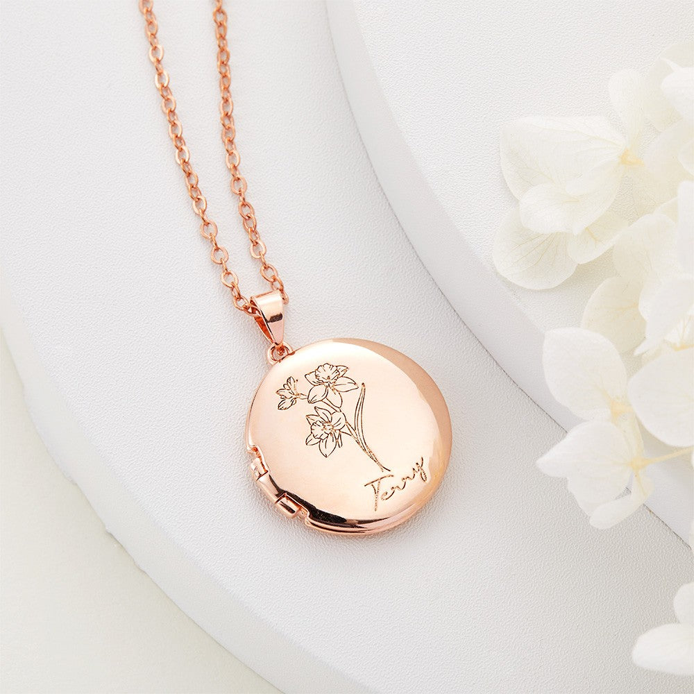 Personalized Birth Flower Locket Necklace with Memorial Photo, Custom Name Engraved Sterling Silver Necklace for Women, Gift for Mom/Grandma/Family