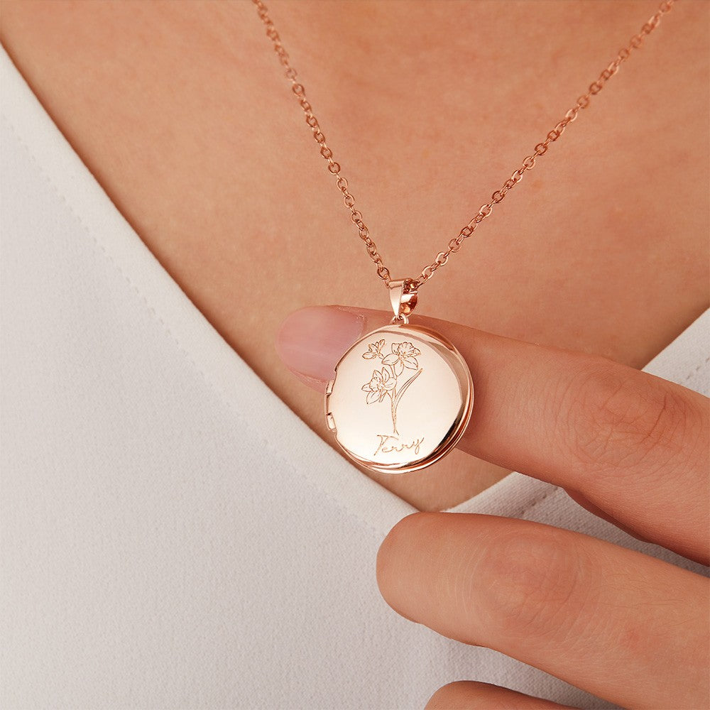 Personalized Birth Flower Locket Necklace with Memorial Photo, Custom Name Engraved Sterling Silver Necklace for Women, Gift for Mom/Grandma/Family