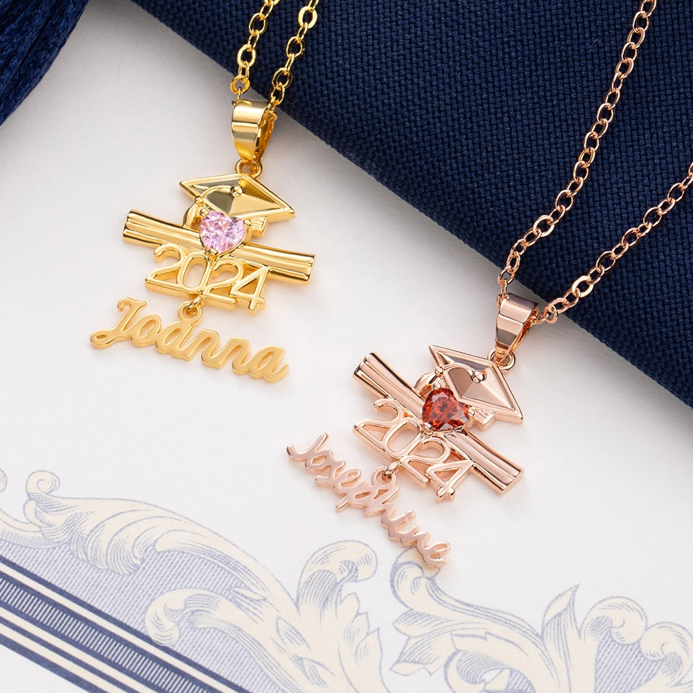 Personalized Name Birthstone Bachelor Cap Necklace, Class of 2024 Graduation Cap & Diploma Heart Pendant Necklace, Graduation Gift for Students