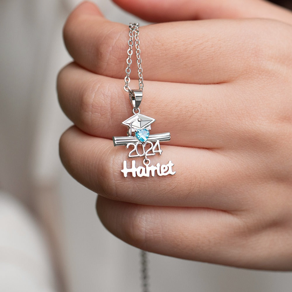 Personalized Name Birthstone Bachelor Cap Necklace, Class of 2024 Graduation Cap & Diploma Heart Pendant Necklace, Graduation Gift for Students