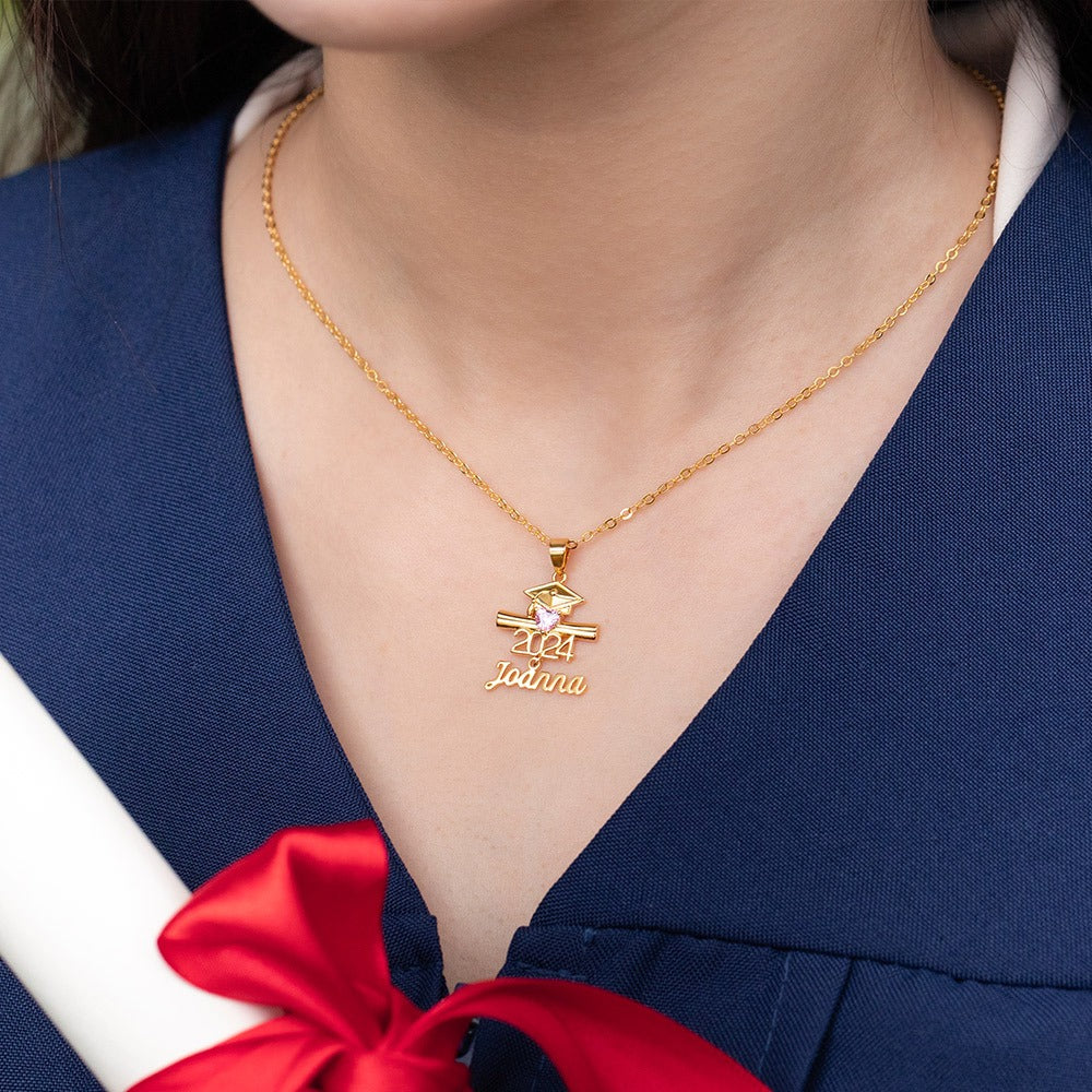Personalized Name Birthstone Bachelor Cap Necklace, Class of 2024 Graduation Cap & Diploma Heart Pendant Necklace, Graduation Gift for Students