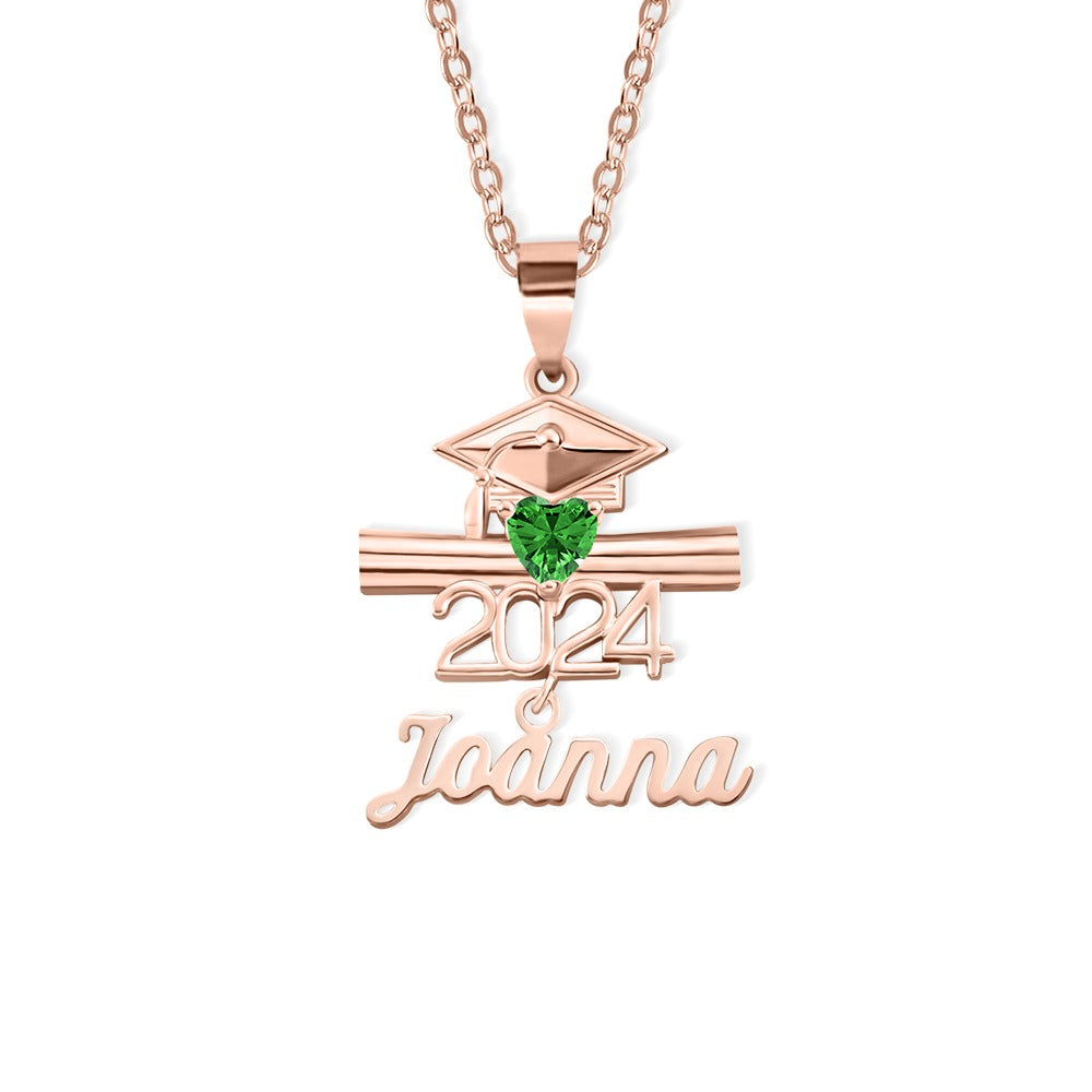 Personalized Name Birthstone Bachelor Cap Necklace, Class of 2024 Graduation Cap & Diploma Heart Pendant Necklace, Graduation Gift for Students