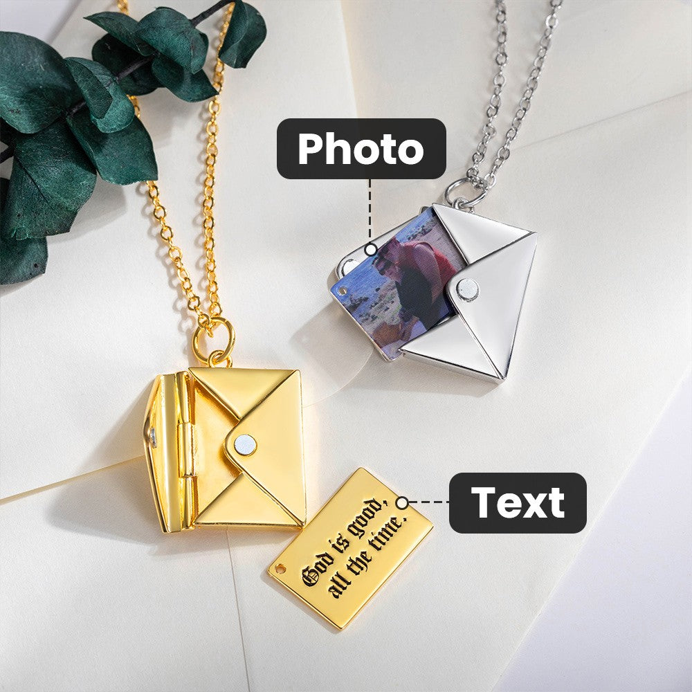 Personalized Name & Photo Love Letter Envelope Necklace, Secret Message Envelope Locket, Couples Jewelry, Birthday Valentine's Day Gift for Her