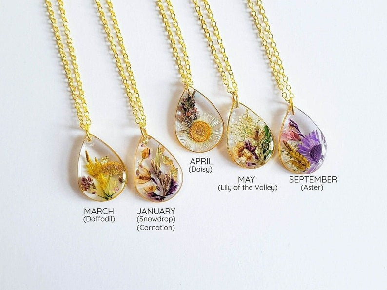 Birth Month Flower Teardrop Necklace| Personalized Gift Pressed Flower Necklace| Unique Birthday Gift Handmade Jewelry