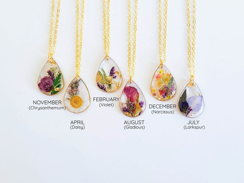 Birth Month Flower Teardrop Necklace| Personalized Gift Pressed Flower Necklace| Unique Birthday Gift Handmade Jewelry