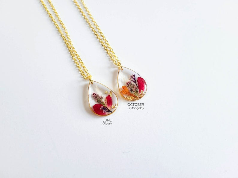 Birth Month Flower Teardrop Necklace| Personalized Gift Pressed Flower Necklace| Unique Birthday Gift Handmade Jewelry