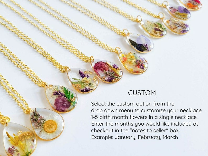 Birth Month Flower Teardrop Necklace| Personalized Gift Pressed Flower Necklace| Unique Birthday Gift Handmade Jewelry