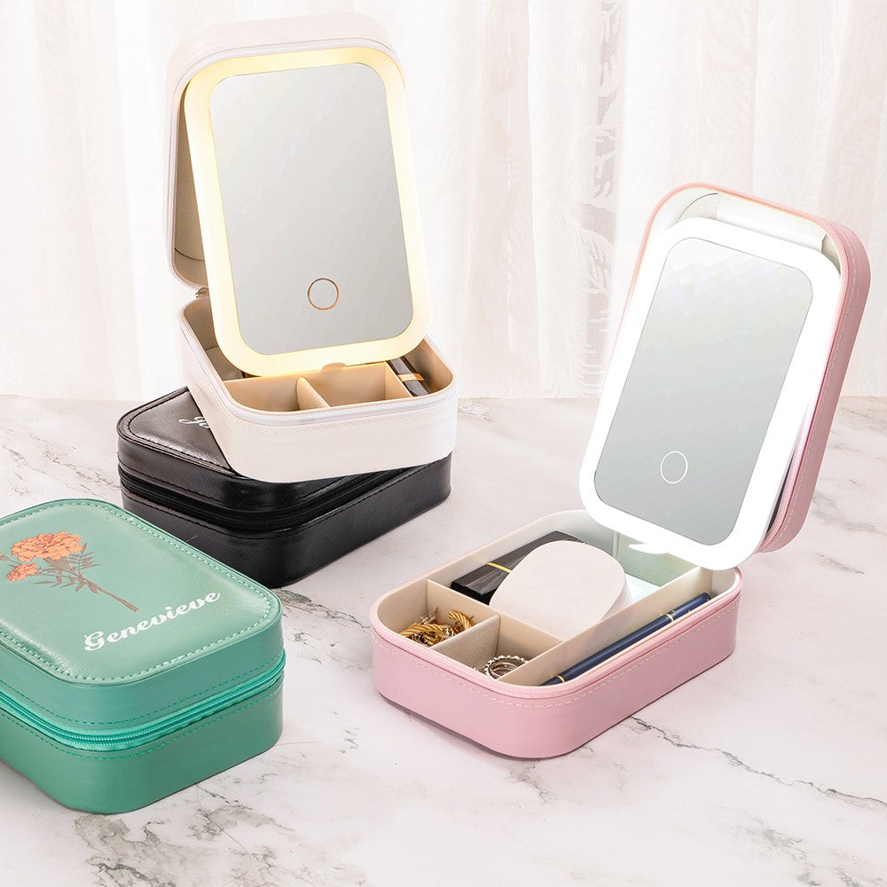 Custom Birth Flower Waterproof Leather Makeup Box with Three-Color LED Mirror, Travel Jewelry Box, Birthday/Christmas Gift for Women/Girls