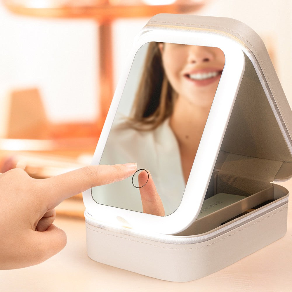 Custom Birth Flower Waterproof Leather Makeup Box with Three-Color LED Mirror, Travel Jewelry Box, Birthday/Christmas Gift for Women/Girls
