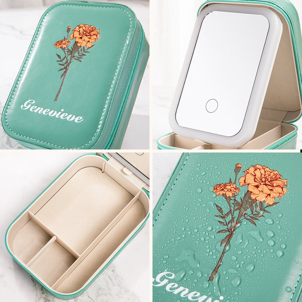 Custom Birth Flower Waterproof Leather Makeup Box with Three-Color LED Mirror, Travel Jewelry Box, Birthday/Christmas Gift for Women/Girls