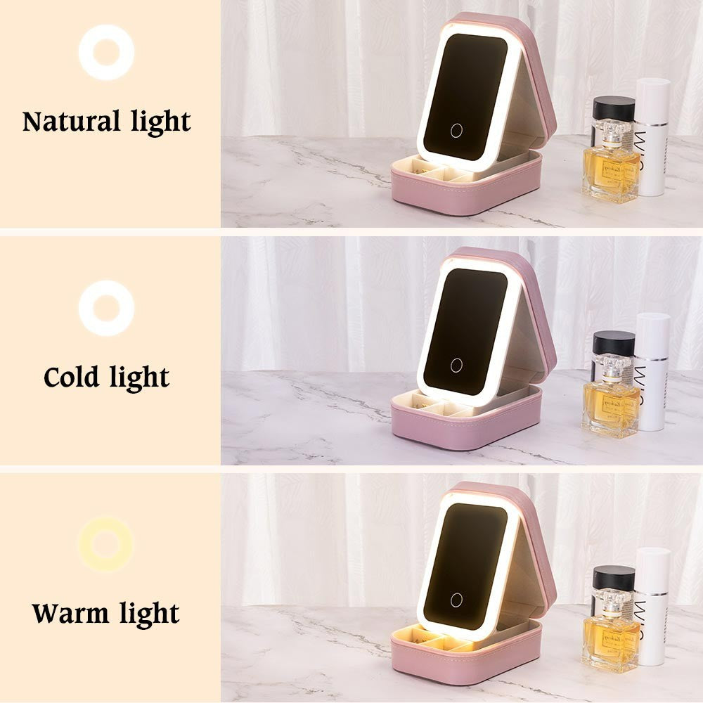 Custom Birth Flower Waterproof Leather Makeup Box with Three-Color LED Mirror, Travel Jewelry Box, Birthday/Christmas Gift for Women/Girls