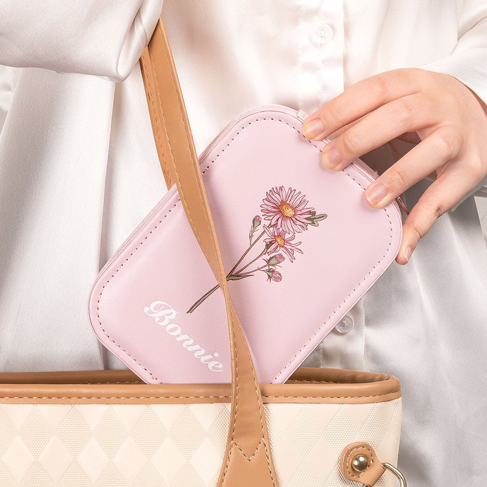 Custom Birth Flower Waterproof Leather Makeup Box with Three-Color LED Mirror, Travel Jewelry Box, Birthday/Christmas Gift for Women/Girls