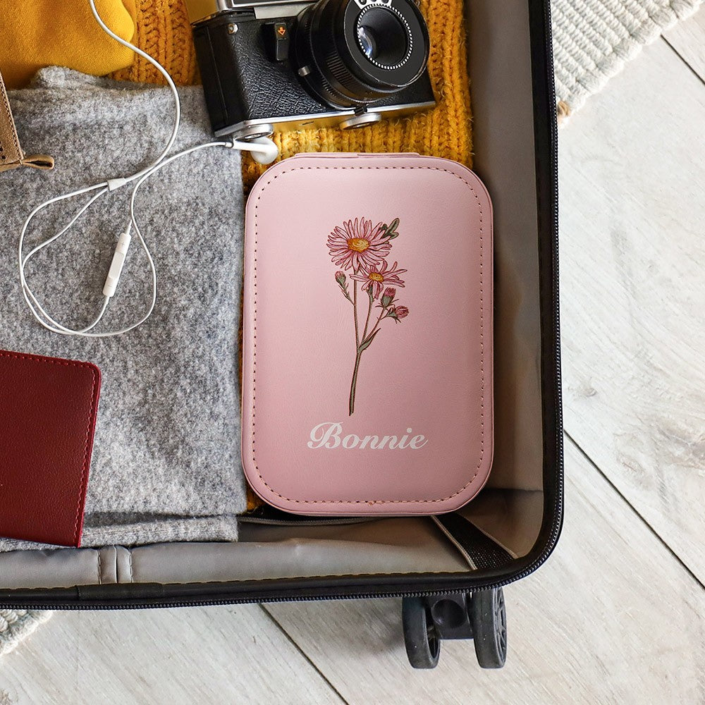 Custom Birth Flower Waterproof Leather Makeup Box with Three-Color LED Mirror, Travel Jewelry Box, Birthday/Christmas Gift for Women/Girls