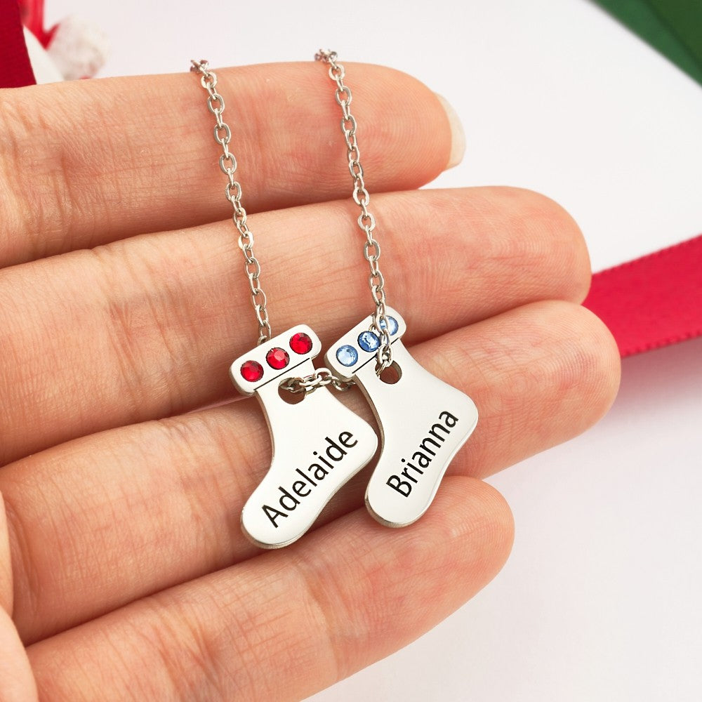 Personalized Christmas Necklace with Birthstone & Name, Cute Christmas Stocking Necklace, Sterling Silver 925 Jewelry, Birthday/Christmas Gift for Her