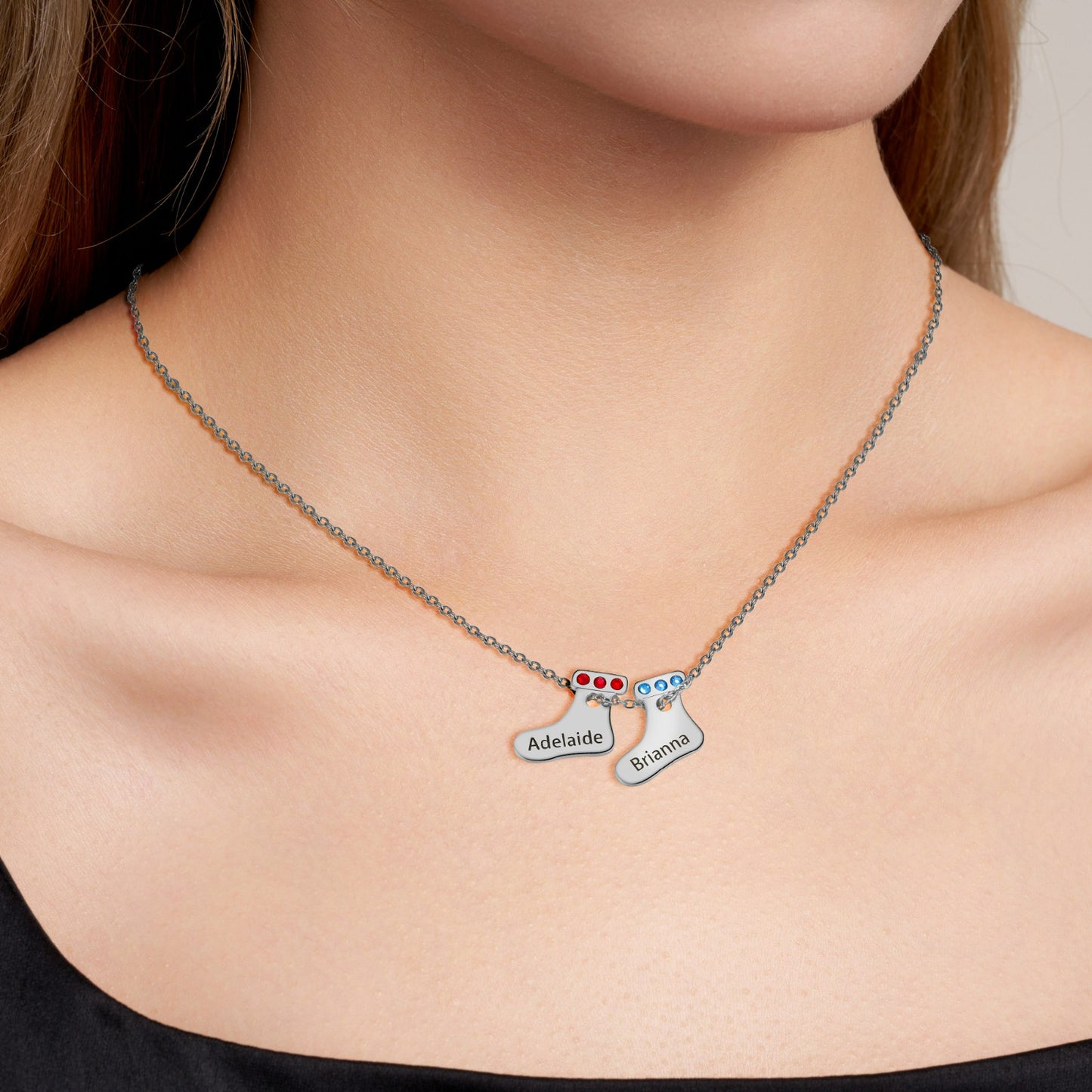 Personalized Christmas Necklace with Birthstone & Name, Cute Christmas Stocking Necklace, Sterling Silver 925 Jewelry, Birthday/Christmas Gift for Her