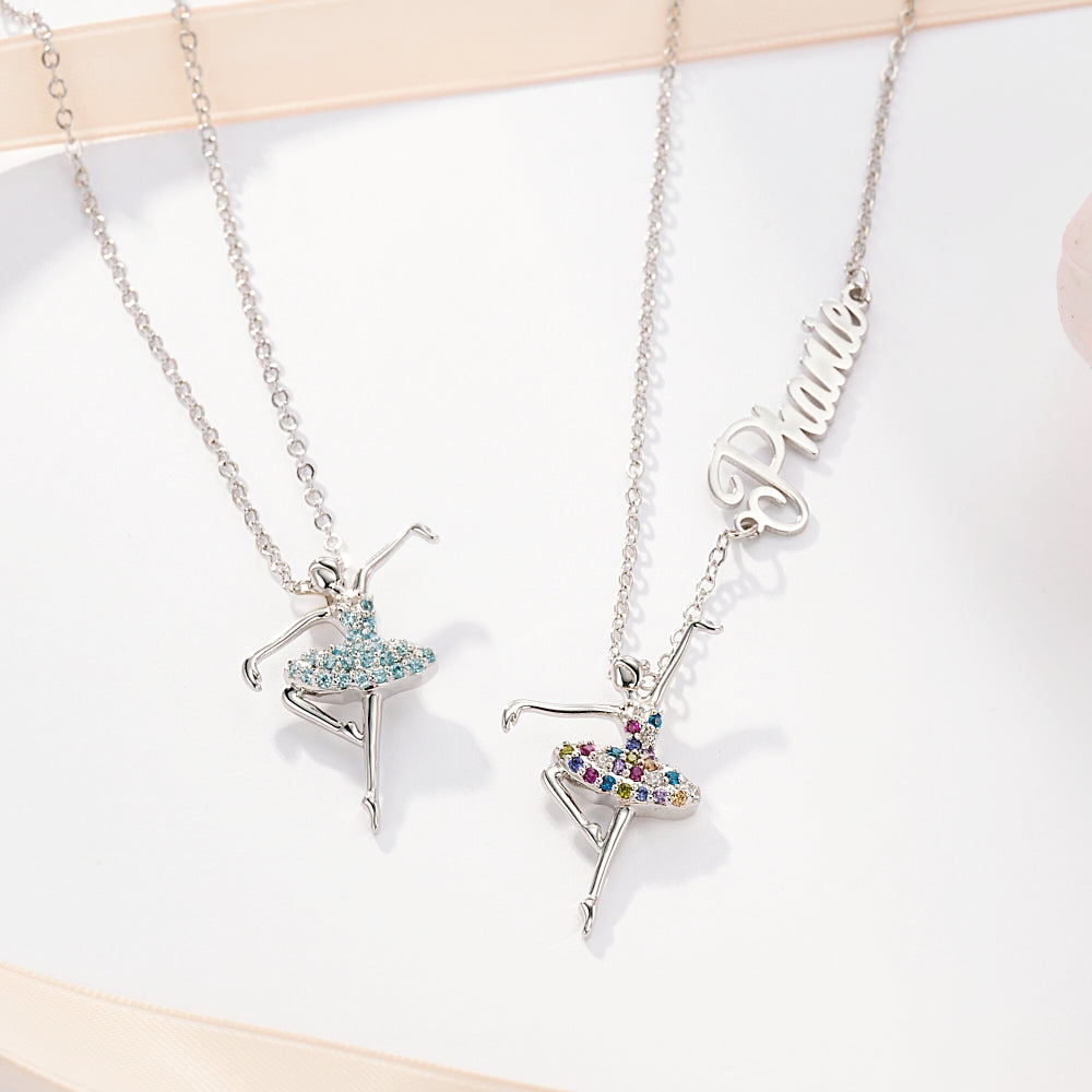 Ballerina Name Necklace for Girl, Silver Dancer Necklace with Rainbow Gemstone, Ballet Dancer Pendant Name Necklace, Girls Ballet Class Gift