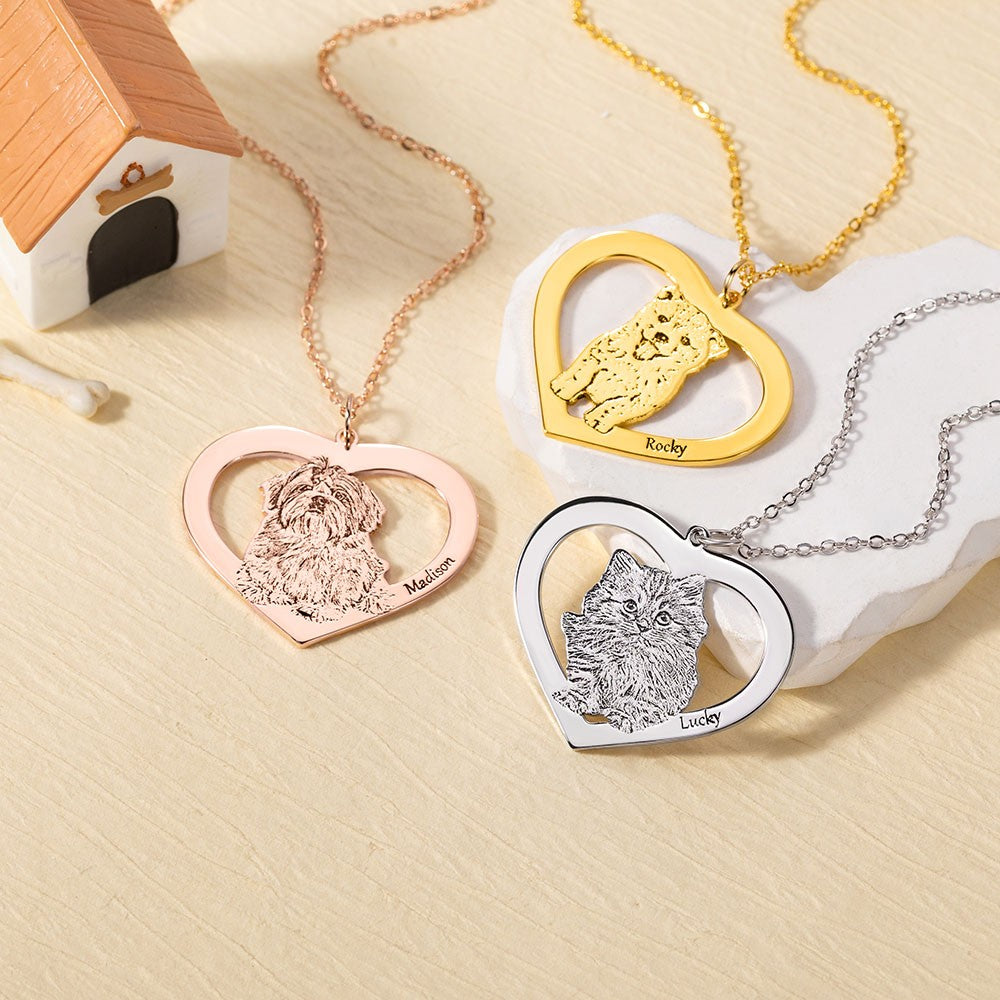 Personalized Cute Pet Portrait Heart Necklace, Name Engraved Pet Photo Necklace, Pet Memorial Jewelry, Christmas/Anniversary Gift for Pet Lover/Her