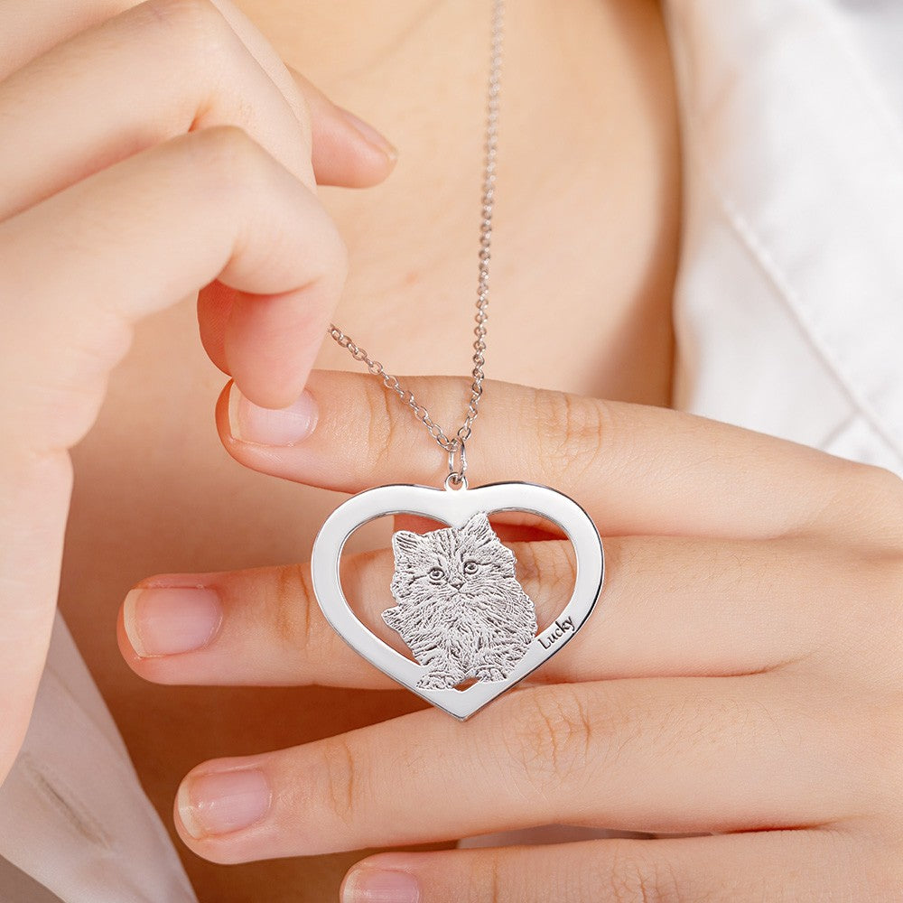 Personalized Cute Pet Portrait Heart Necklace, Name Engraved Pet Photo Necklace, Pet Memorial Jewelry, Christmas/Anniversary Gift for Pet Lover/Her