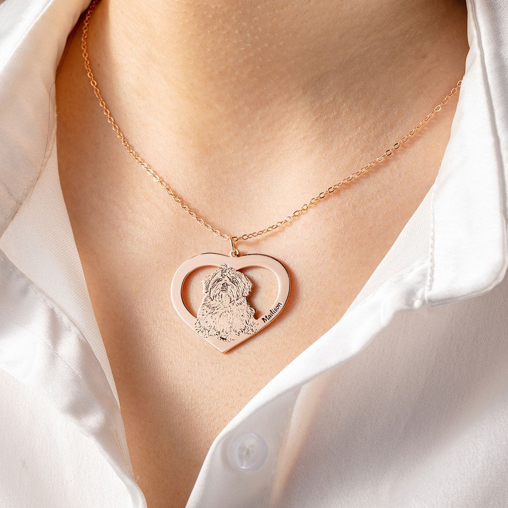 Personalized Cute Pet Portrait Heart Necklace, Name Engraved Pet Photo Necklace, Pet Memorial Jewelry, Christmas/Anniversary Gift for Pet Lover/Her