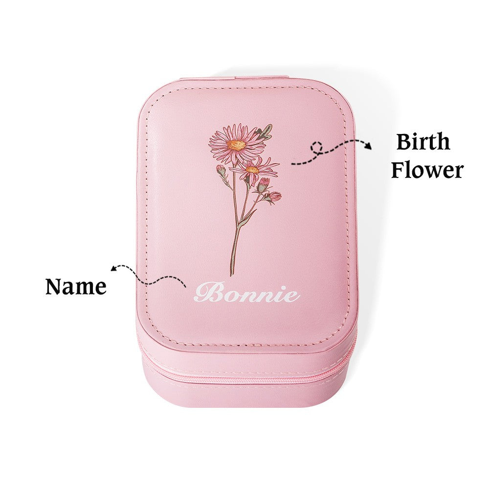Custom Birth Flower Waterproof Leather Makeup Box with Three-Color LED Mirror, Travel Jewelry Box, Birthday/Christmas Gift for Women/Girls