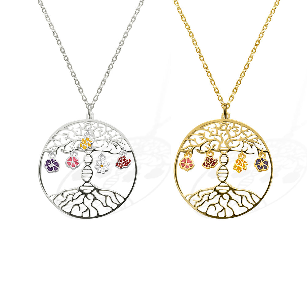Personalized DNA Tree of Life Necklace with Birth Month Flowers, Family DNA Jewelry, Double Helix Biology Jewelry for Grandma/Mom/Her