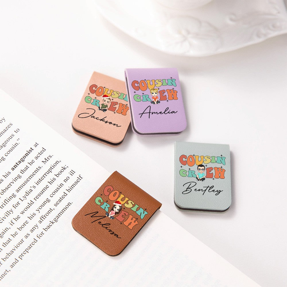Personalized Cousin Crew Christmas Cartoon Character Bookmark with Name, Magnetic Leather Bookmark, Birthday/Christmas Gift for Family/Book Lover