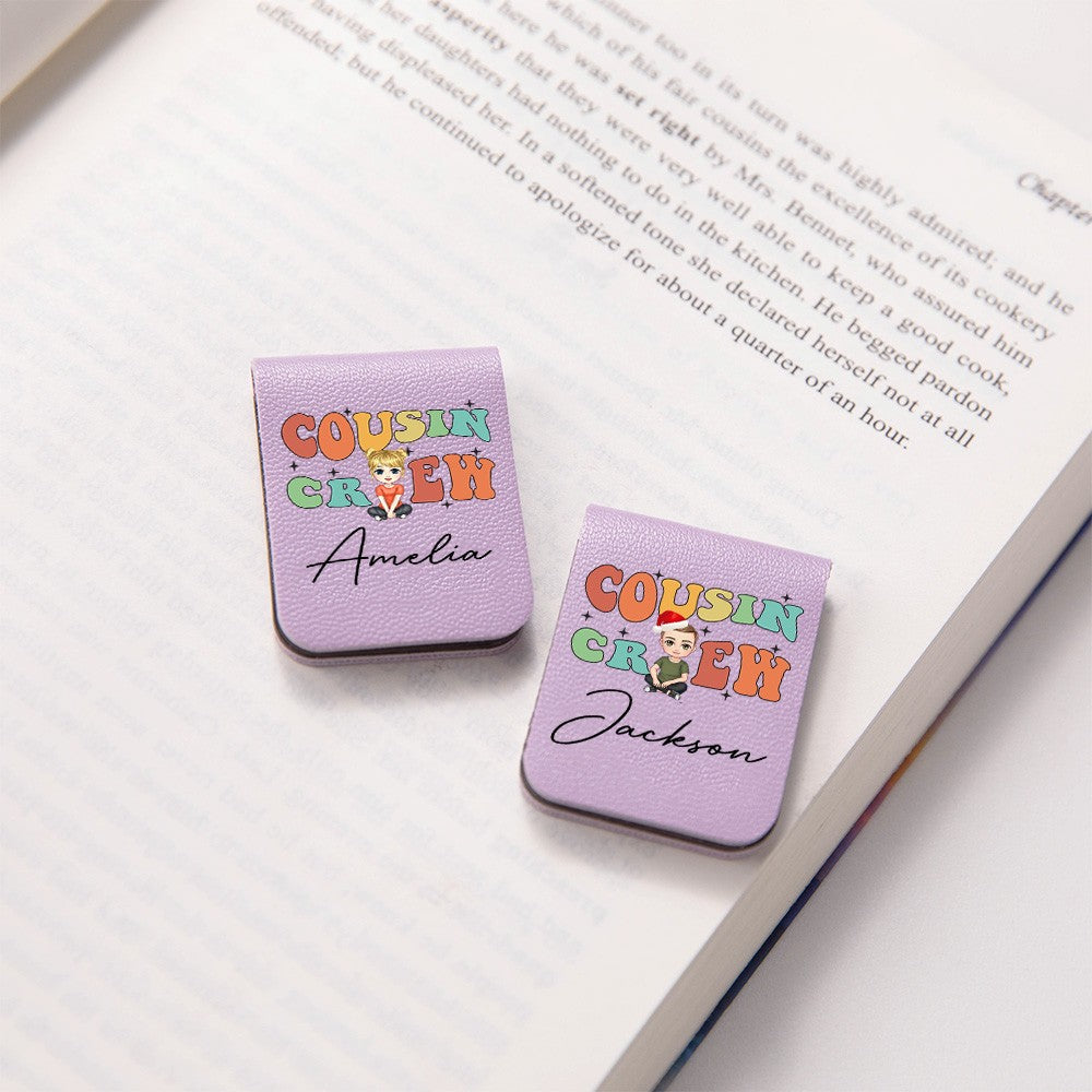 Personalized Cousin Crew Christmas Cartoon Character Bookmark with Name, Magnetic Leather Bookmark, Birthday/Christmas Gift for Family/Book Lover