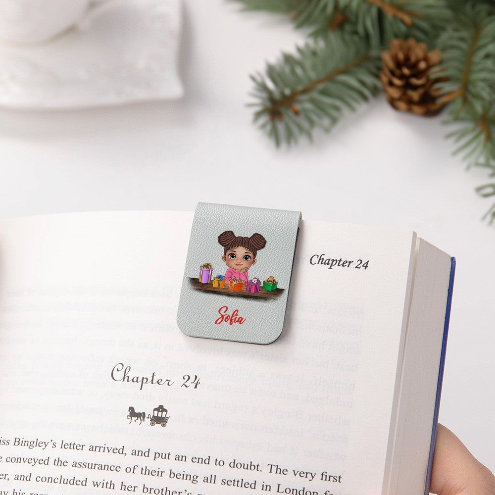Personalized Christmas Cartoon Kid Bookmark with Reindeer Headdress, Mini Magnetic Leather Bookmark, Christmas Gift for Bookworm/Boy/Girl