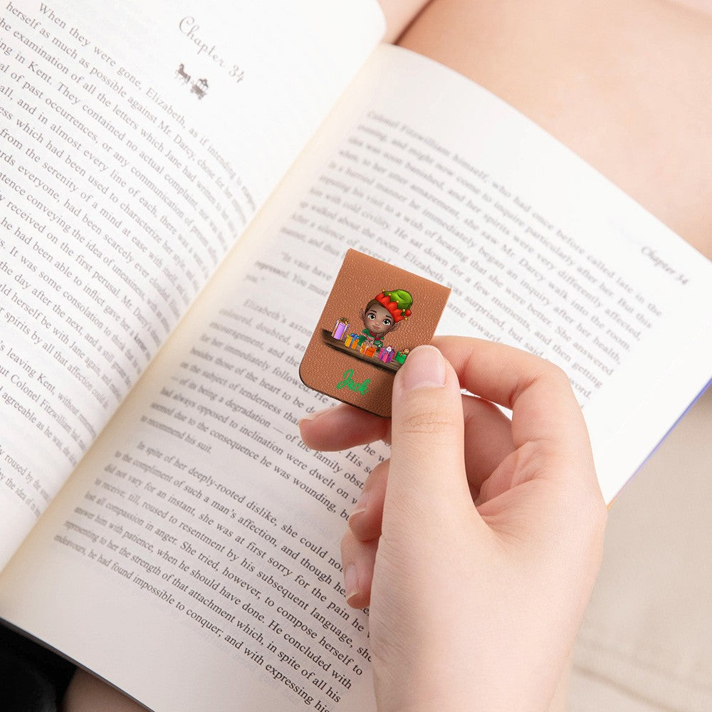 Personalized Christmas Cartoon Kid Bookmark with Reindeer Headdress, Mini Magnetic Leather Bookmark, Christmas Gift for Bookworm/Boy/Girl