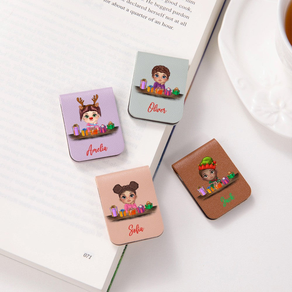 Personalized Christmas Cartoon Kid Bookmark with Reindeer Headdress, Mini Magnetic Leather Bookmark, Christmas Gift for Bookworm/Boy/Girl