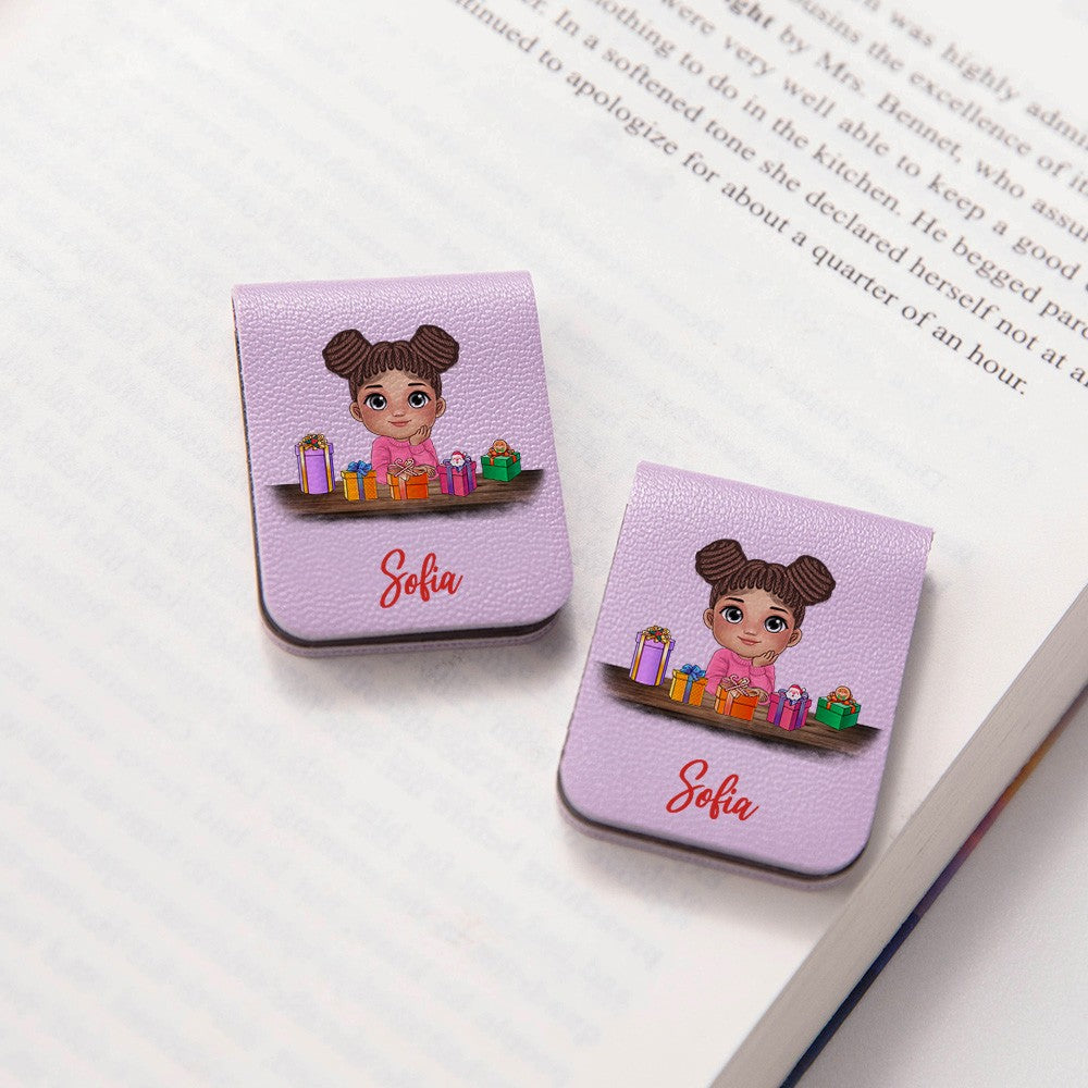 Personalized Christmas Cartoon Kid Bookmark with Reindeer Headdress, Mini Magnetic Leather Bookmark, Christmas Gift for Bookworm/Boy/Girl