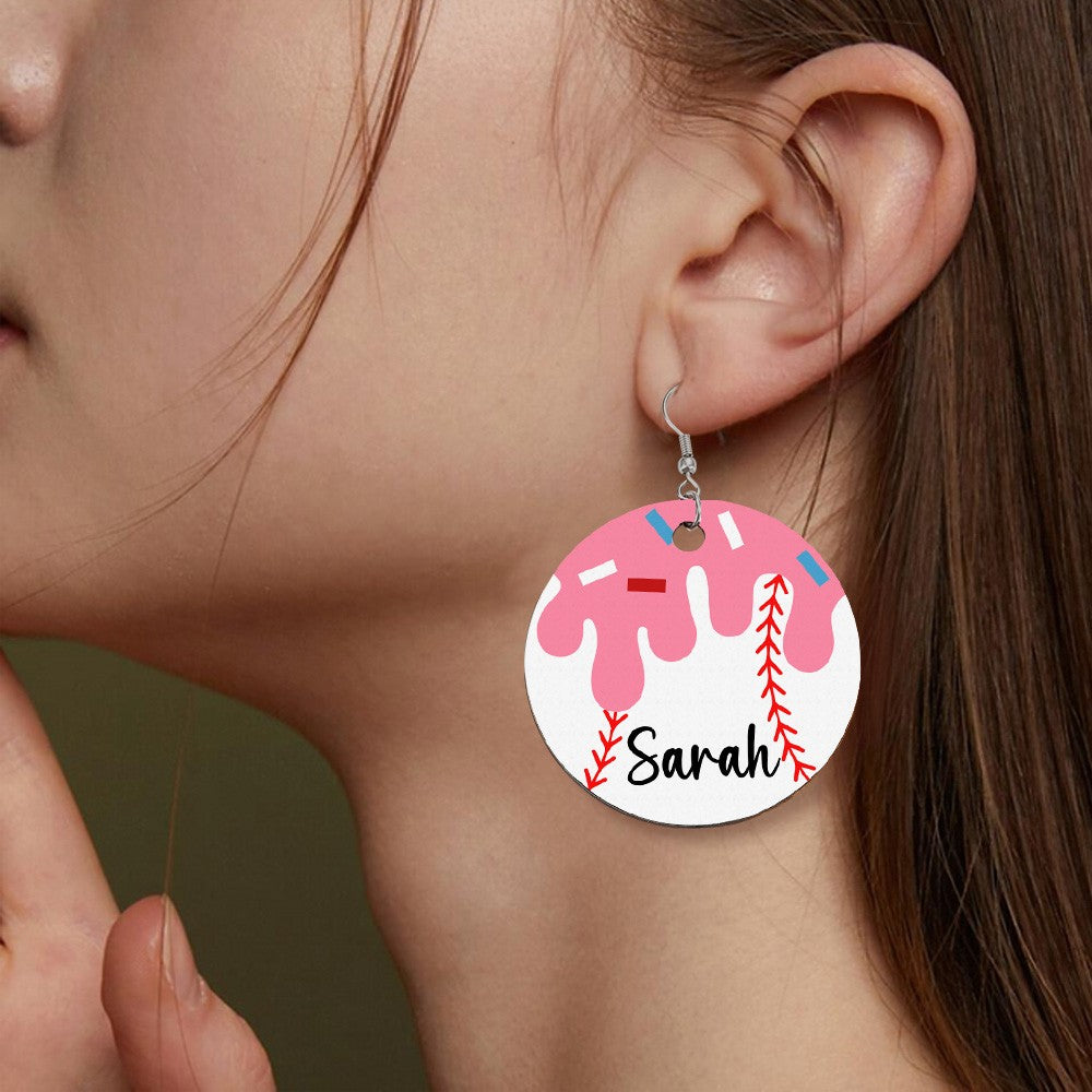Personalized Baseball Ice Cream Drip Earrings, Fun Dessert and Sports Inspired Jewelry, Unique Baseball and Ice Cream Charm Earrings, Cute and Playful Gift for Sports Fans