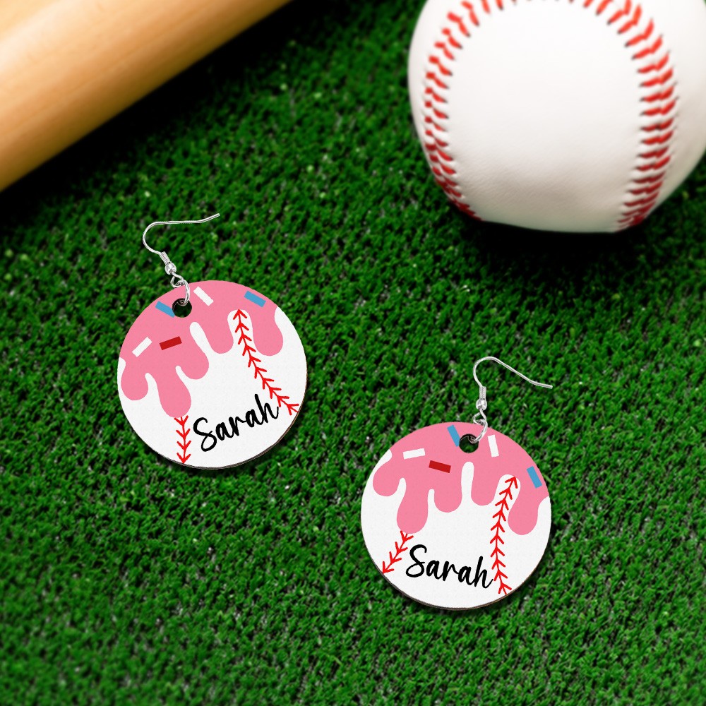 Personalized Baseball Ice Cream Drip Earrings, Fun Dessert and Sports Inspired Jewelry, Unique Baseball and Ice Cream Charm Earrings, Cute and Playful Gift for Sports Fans