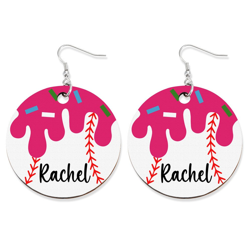 Personalized Baseball Ice Cream Drip Earrings, Fun Dessert and Sports Inspired Jewelry, Unique Baseball and Ice Cream Charm Earrings, Cute and Playful Gift for Sports Fans