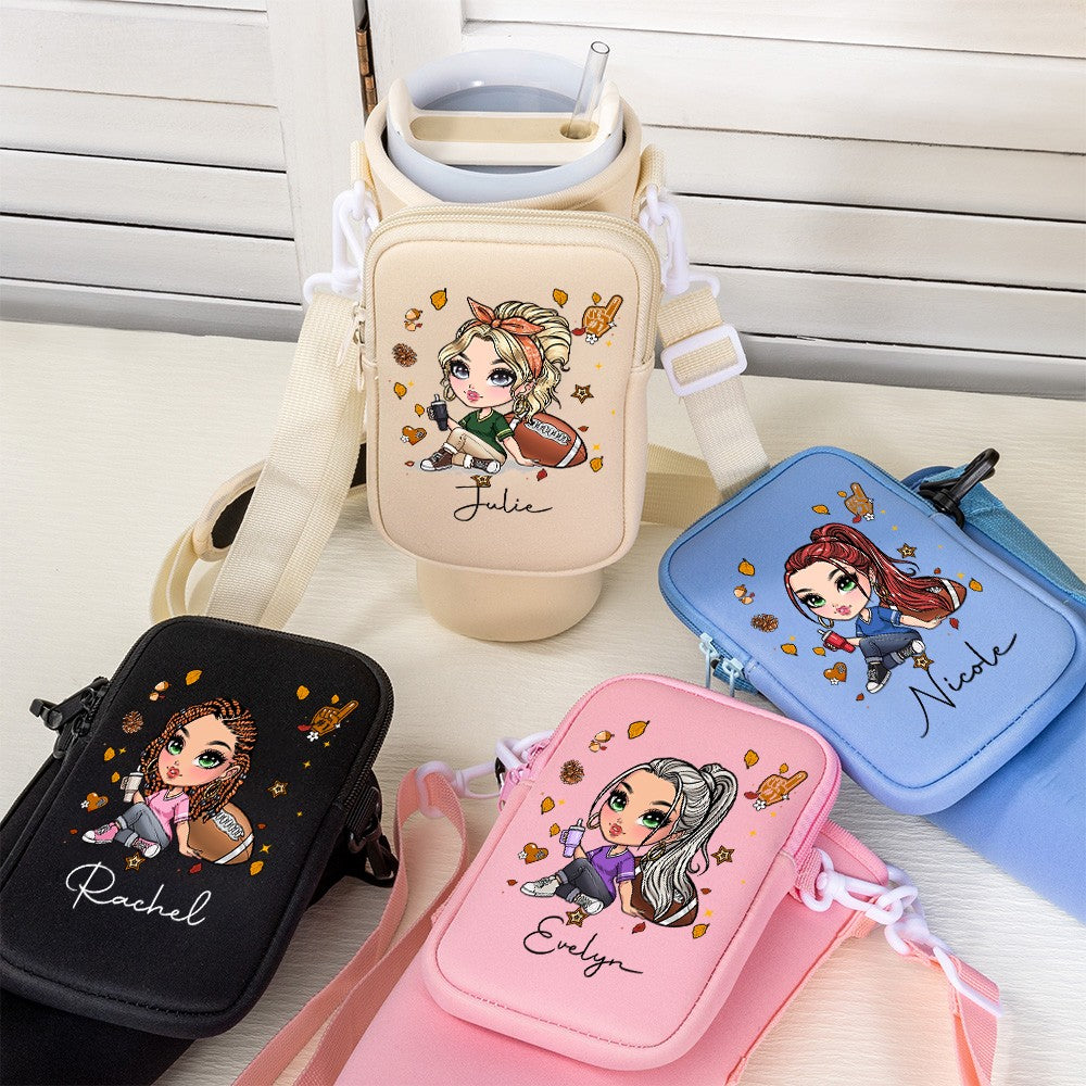 Personalized Cartoon Rugby Girl Water Bottle Carrier Bag with Name, 40oz Tumbler Holder Pouch with Strap, Birthday Gifts for Women/Girls/Her