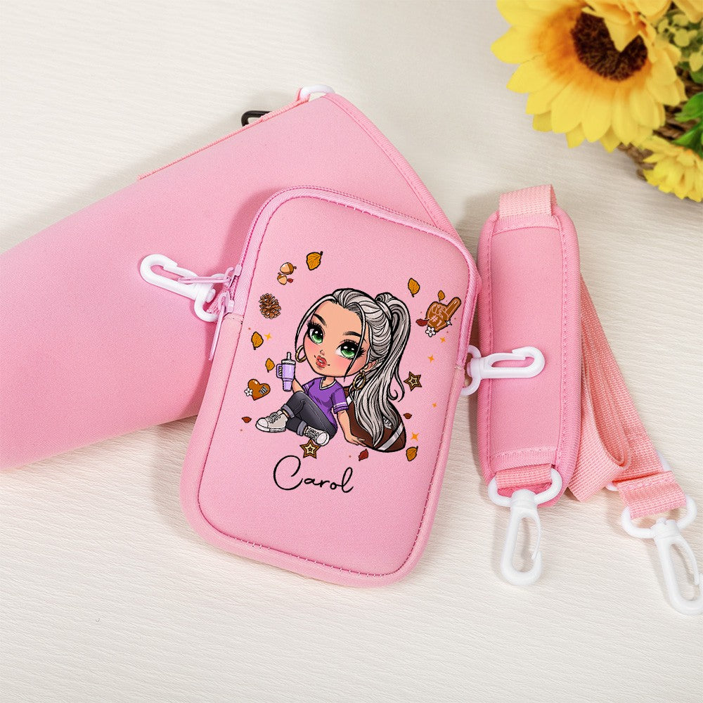 Personalized Cartoon Rugby Girl Water Bottle Carrier Bag with Name, 40oz Tumbler Holder Pouch with Strap, Birthday Gifts for Women/Girls/Her