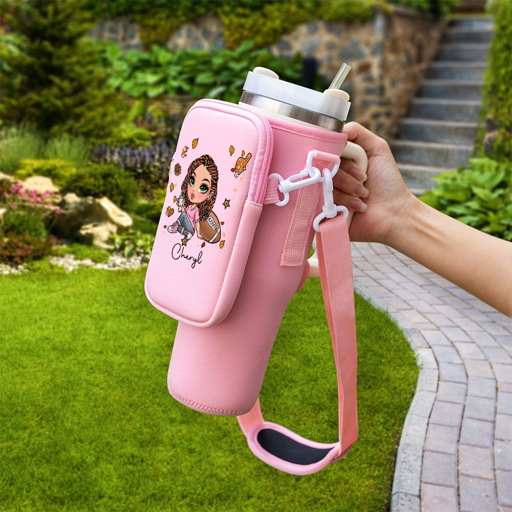 Personalized Cartoon Rugby Girl Water Bottle Carrier Bag with Name, 40oz Tumbler Holder Pouch with Strap, Birthday Gifts for Women/Girls/Her
