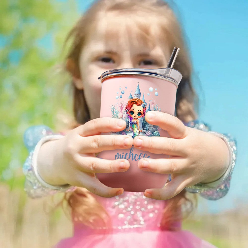 Personalized Name Cartoon Mermaid Castle Travel Mug, 12oz Stainless Steel Tumbler with Straw & Lid, Birthday/Back to School Gift for Girl/Her