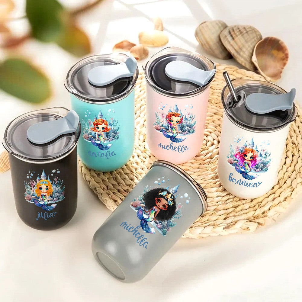 Personalized Name Cartoon Mermaid Castle Travel Mug, 12oz Stainless Steel Tumbler with Straw & Lid, Birthday/Back to School Gift for Girl/Her