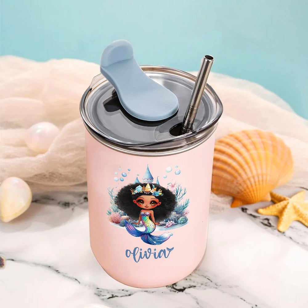 Personalized Name Cartoon Mermaid Castle Travel Mug, 12oz Stainless Steel Tumbler with Straw & Lid, Birthday/Back to School Gift for Girl/Her