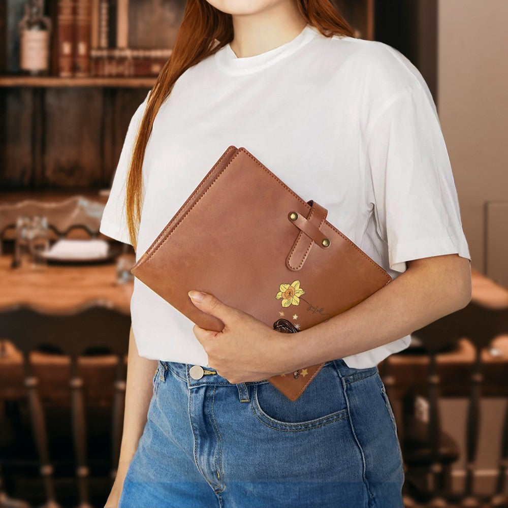 Personalized Fashion Girls Leather Notebook Cover with Birth Flower Design, Office Supplies Storage Organizer, Gift for Student/Officer Worker/Teacher