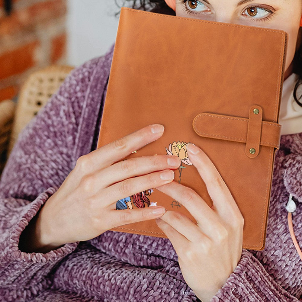 Personalized Fashion Girls Leather Notebook Cover with Birth Flower Design, Office Supplies Storage Organizer, Gift for Student/Officer Worker/Teacher