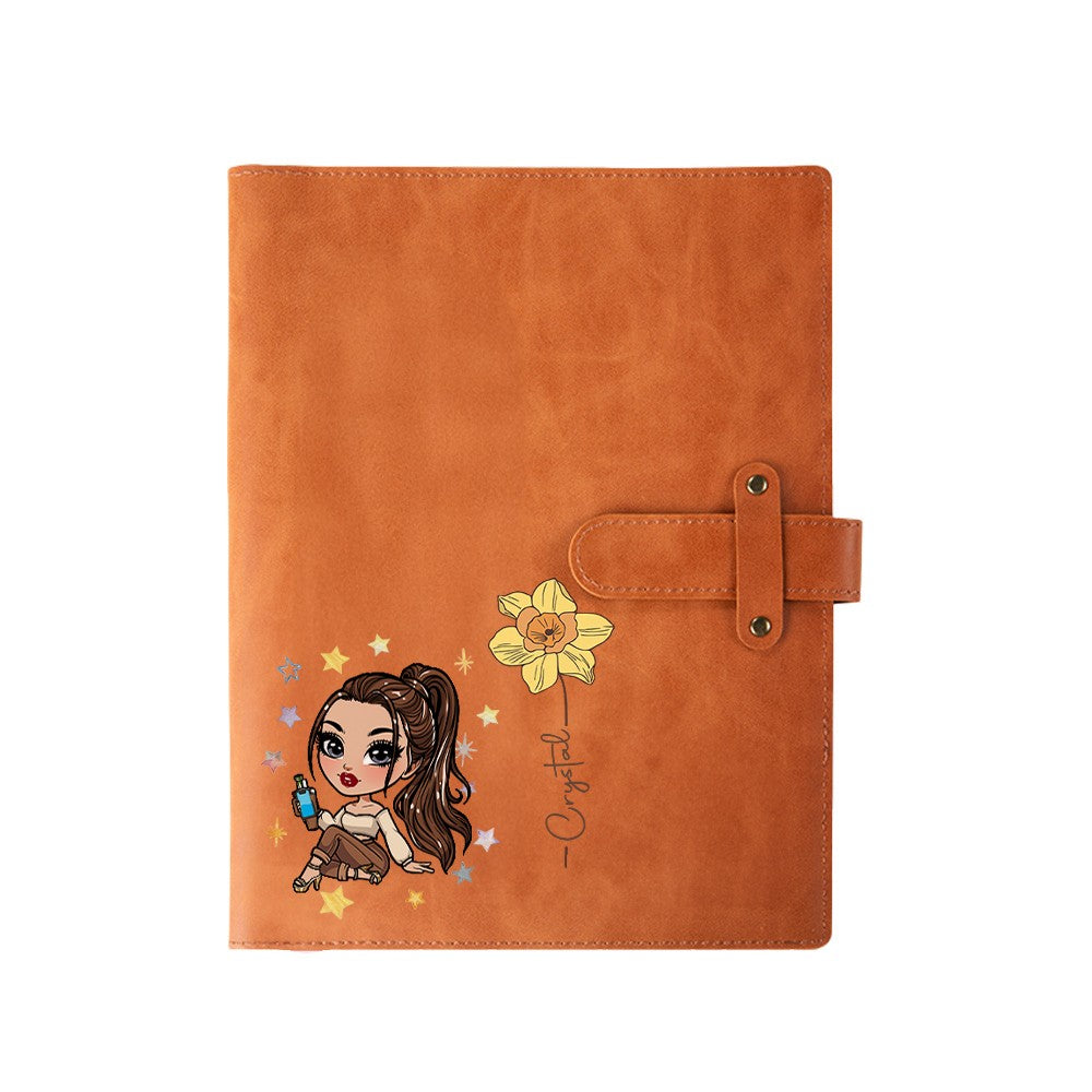 Personalized Fashion Girls Leather Notebook Cover with Birth Flower Design, Office Supplies Storage Organizer, Gift for Student/Officer Worker/Teacher
