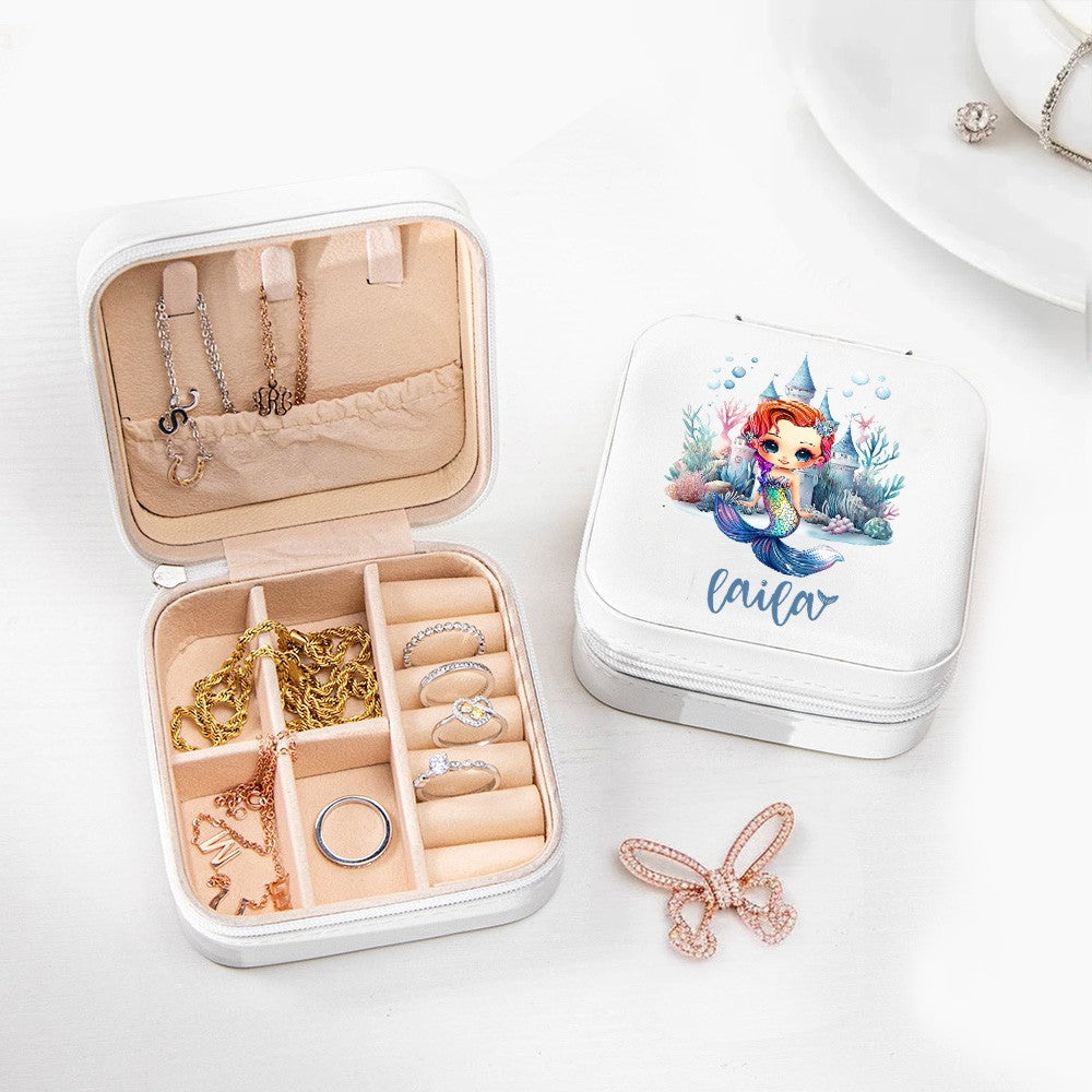 Personalized Cartoon Mermaid Castle Travel Jewelry Case, Multi-compartments Leather Jewelry Organizer for Necklace/Bracelet/Ring, Gift for Women/Her