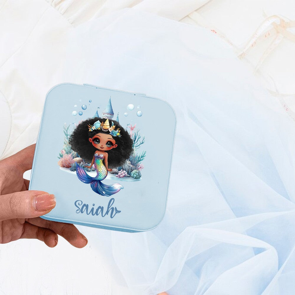 Personalized Cartoon Mermaid Castle Travel Jewelry Case, Multi-compartments Leather Jewelry Organizer for Necklace/Bracelet/Ring, Gift for Women/Her