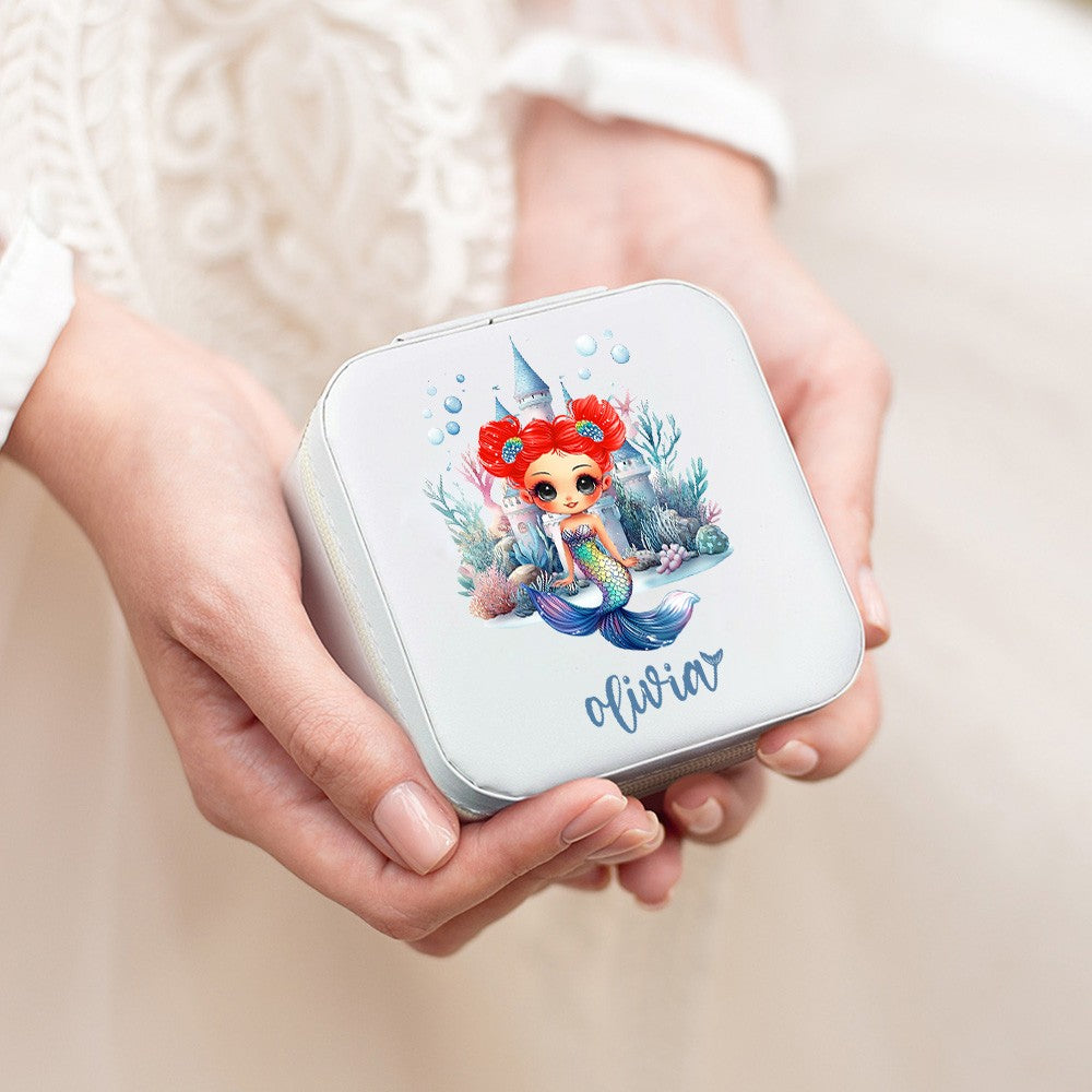 Personalized Cartoon Mermaid Castle Travel Jewelry Case, Multi-compartments Leather Jewelry Organizer for Necklace/Bracelet/Ring, Gift for Women/Her